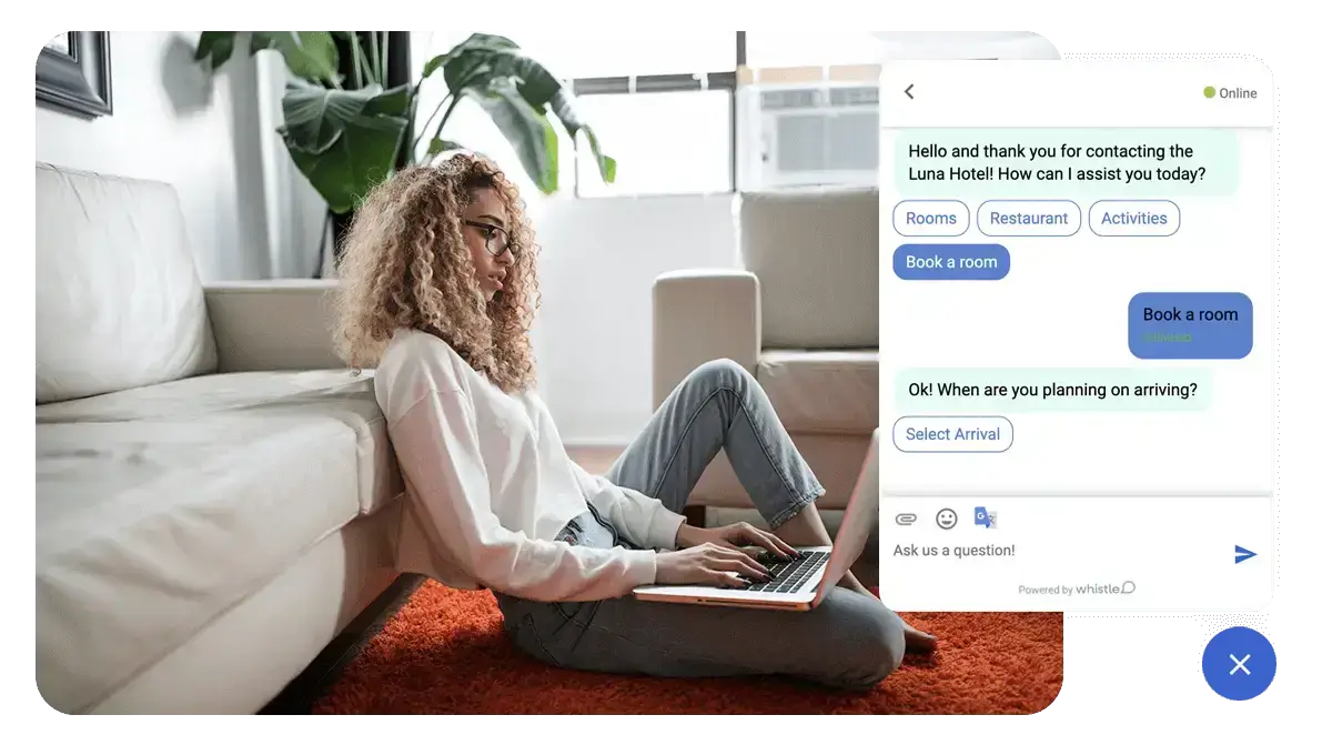 traveler being assisted by a hotel chatbot from Whistle for Cloudbeds
