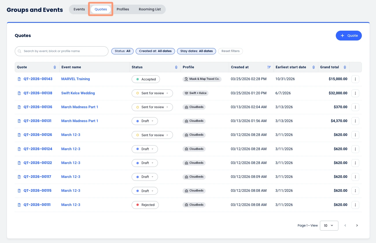 Cloudbeds Grupos y Eventos | Cotizaciones