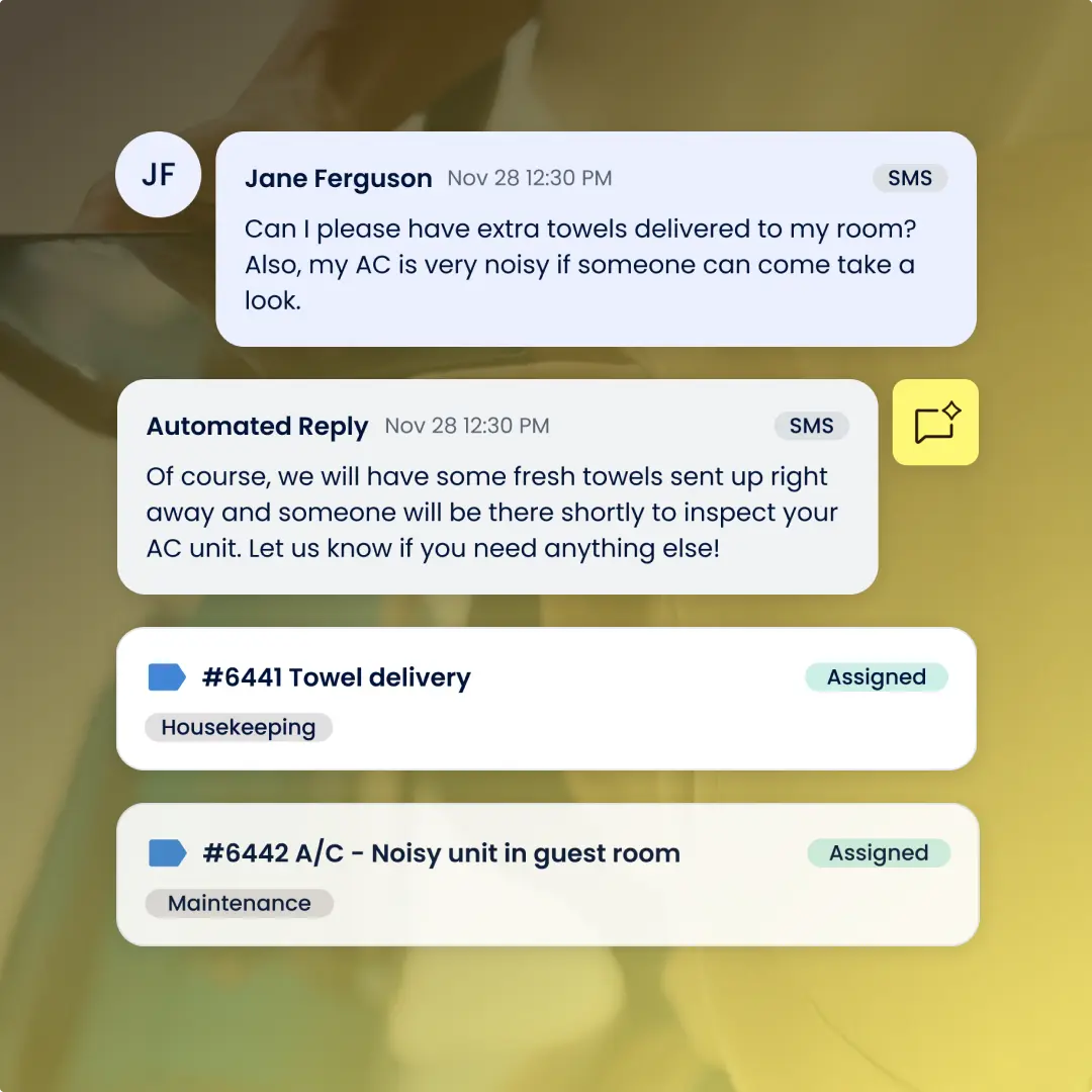 A guest SMS request answered automatically and split into assigned housekeeping and maintenance tickets