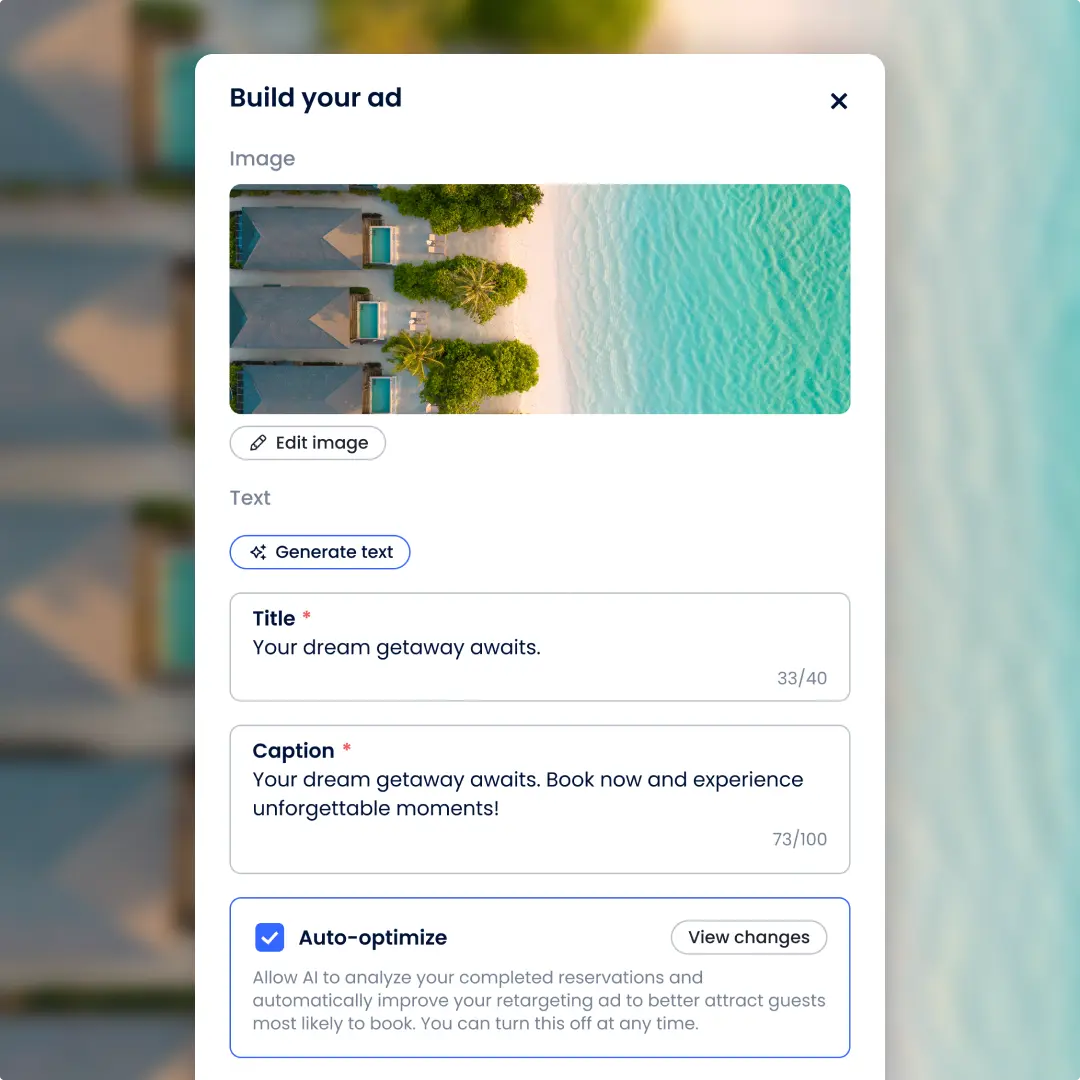 A retargeting ad builder with an auto-generated beach resort image, title and caption, and auto-optimize enabled to improve performance from completed reservations